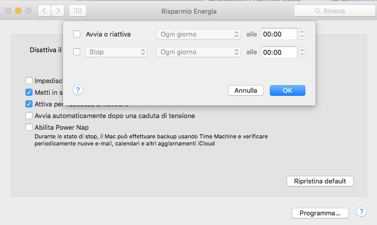 Mac OS X, programmare un orario di accensione o spegnimento